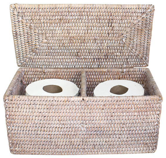 White Rattan Double Toilet Paper Holder Beach Style Bathroom