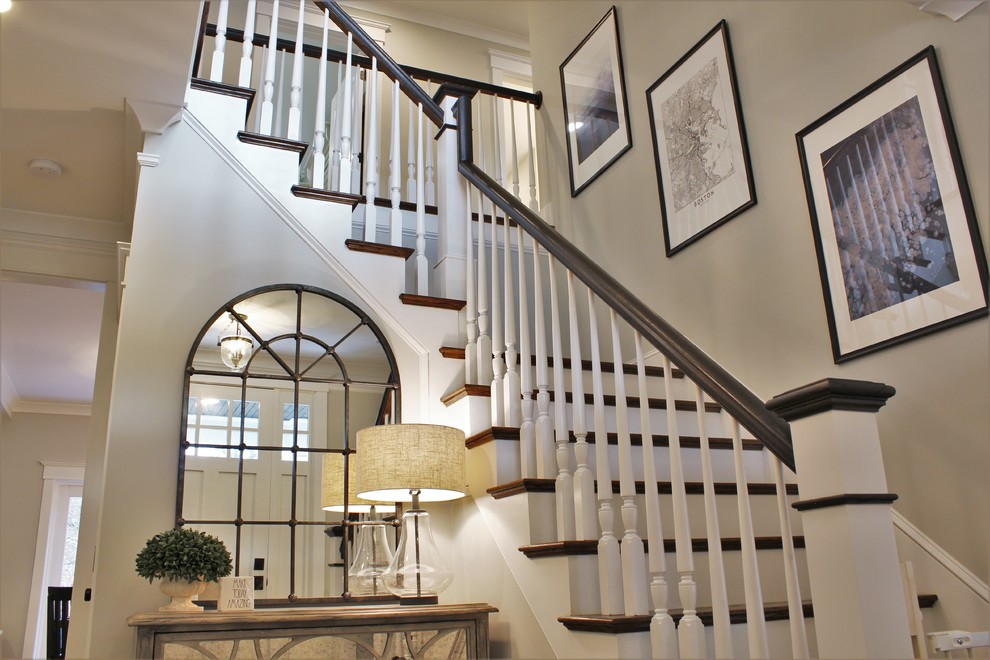 Mid-sized transitional dark wood floor and brown floor foyer photo in Boston with a white front door and gray walls