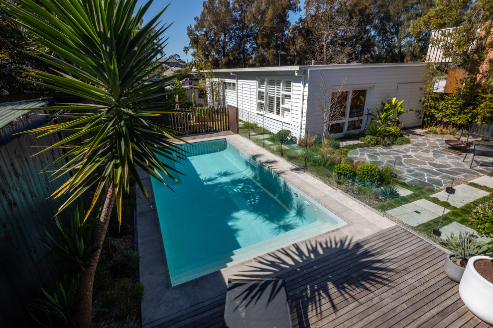 This is an example of a contemporary rectangular swimming pool in Sydney with with pool landscaping.