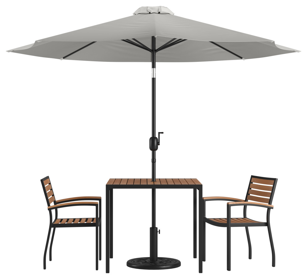 Modern Table, 2 Chairs, Umbrella and Base Teak Traditional Dining