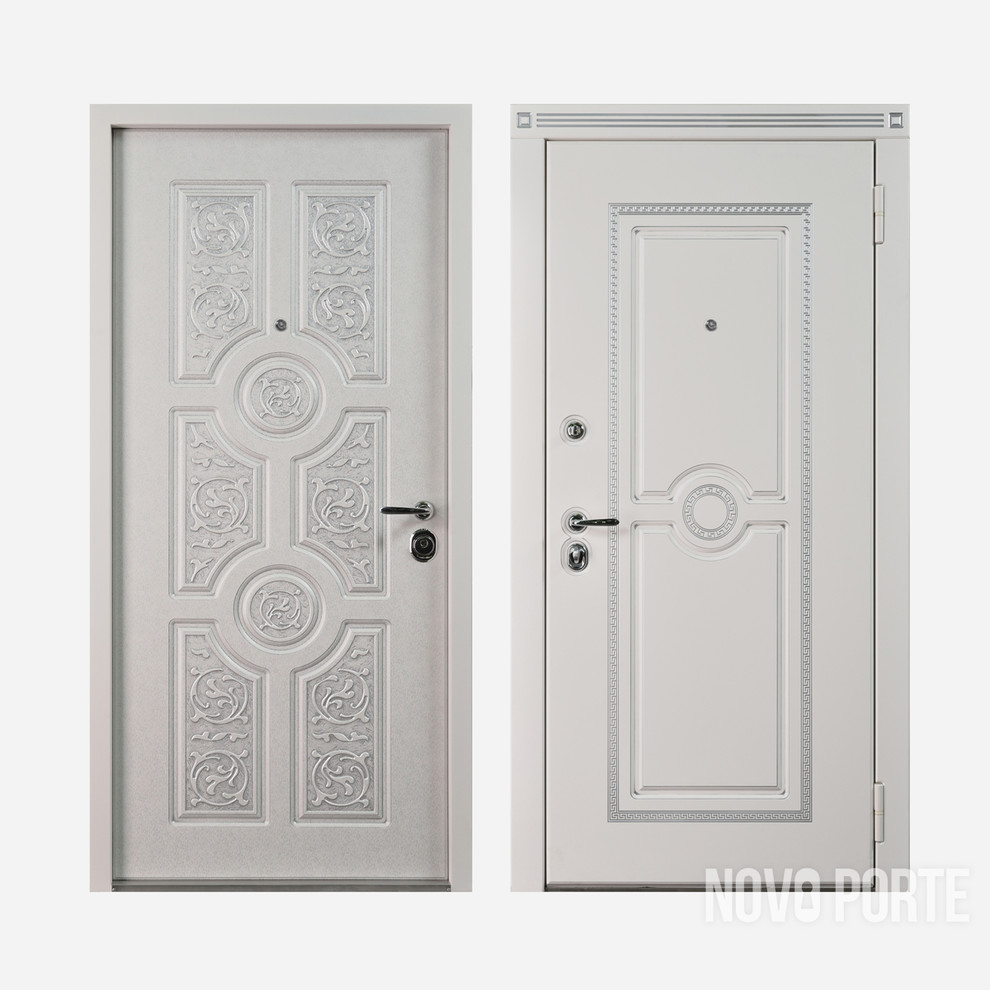 Inspiration for a large transitional front door in New York with a single front door and a white front door.