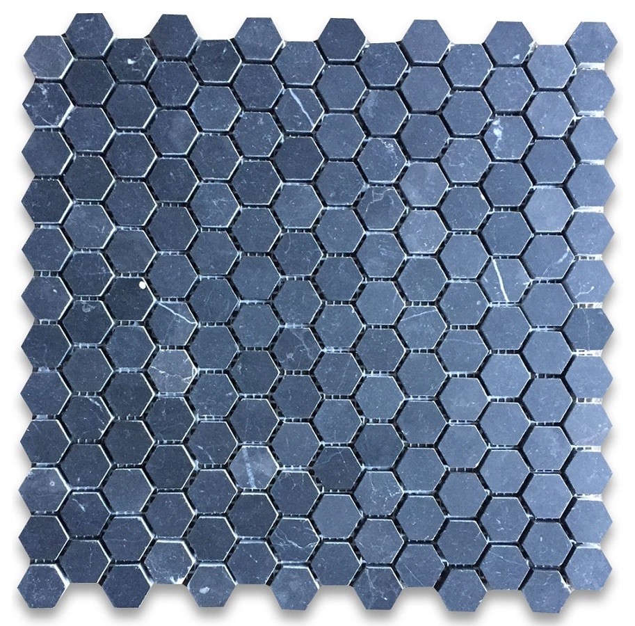 Nero Marquina Black Marble 188 inch Hexagon Mosaic Tile Honed Matte, 188 sheet