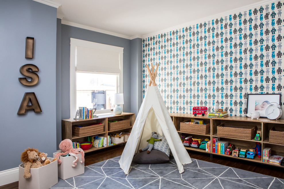 Design ideas for a transitional kids' playroom in San Francisco with blue walls, dark hardwood floors and brown floor.