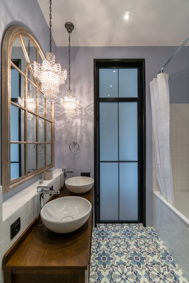 Design ideas for a mid-sized powder room in Moscow with beaded inset cabinets, a wall-mount toilet, cement tile, grey walls, cement tiles and a vessel sink.