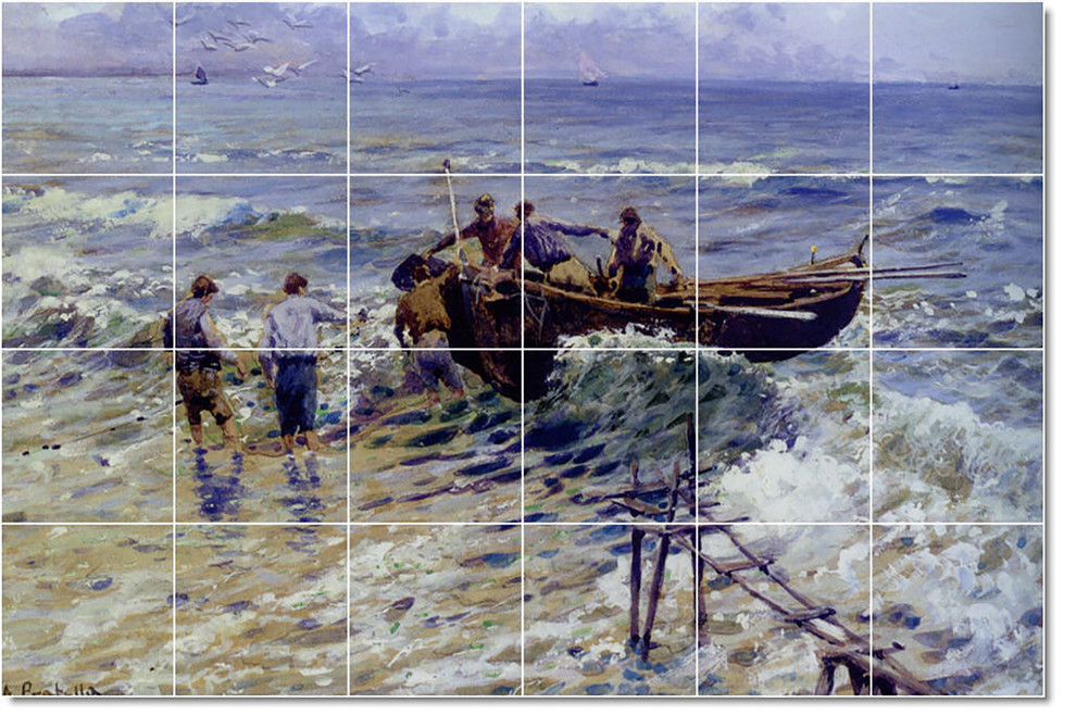 Attilio Pratella Ship Boat Painting Ceramic Tile Mural 4, 72" Wide x