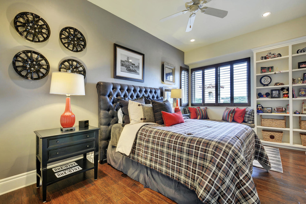 Design ideas for a transitional kids' room for boys in Austin with grey walls and medium hardwood floors.