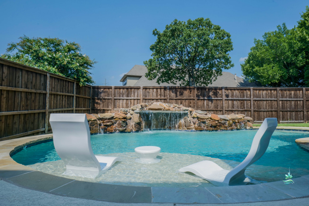 Example of a mid-sized southwest backyard stamped concrete and custom-shaped natural and privacy pool design in Dallas