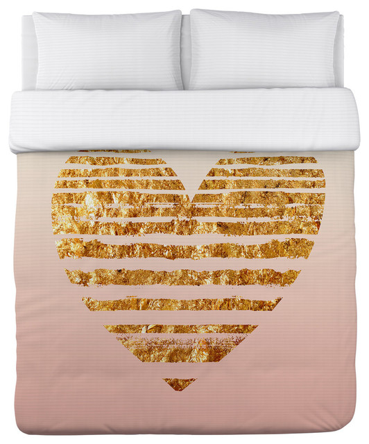 Gold Striped Heart Pink Cream Gold Duvet Cover Contemporary