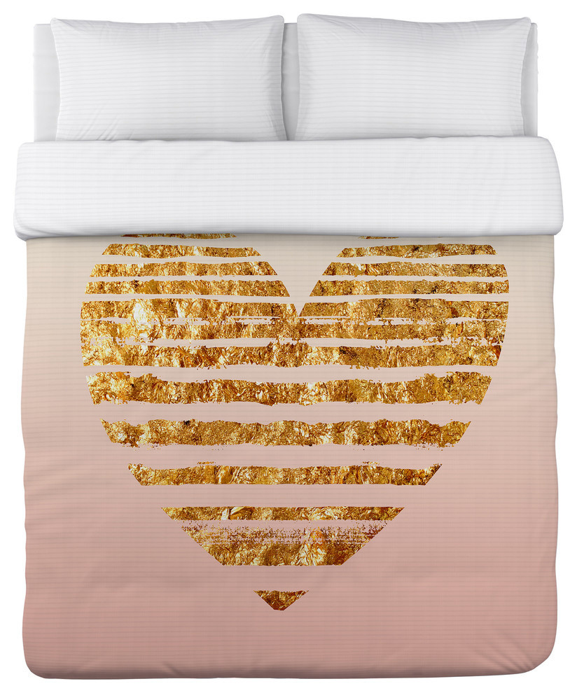 Gold Striped Heart, Pink Cream Gold Duvet Cover, King Contemporary