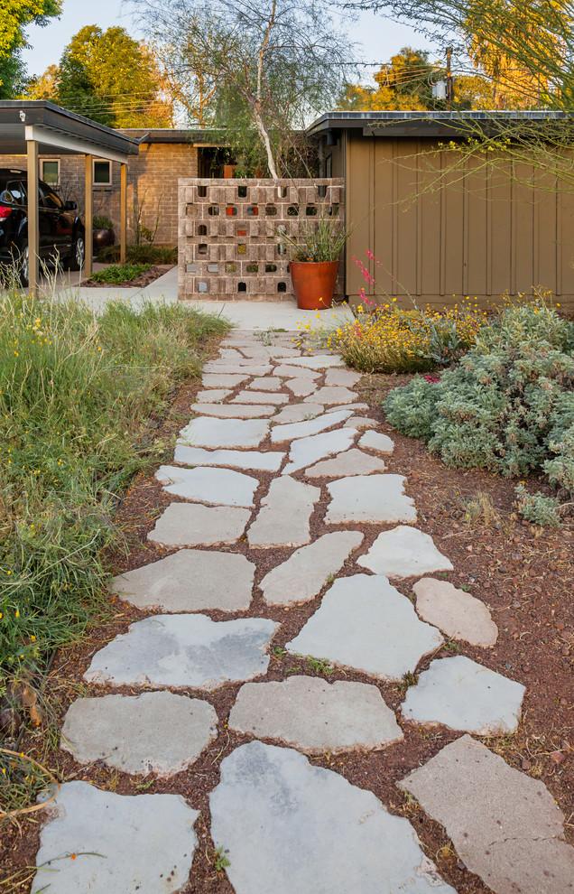 Midcentury front yard garden in Phoenix with natural stone pavers.