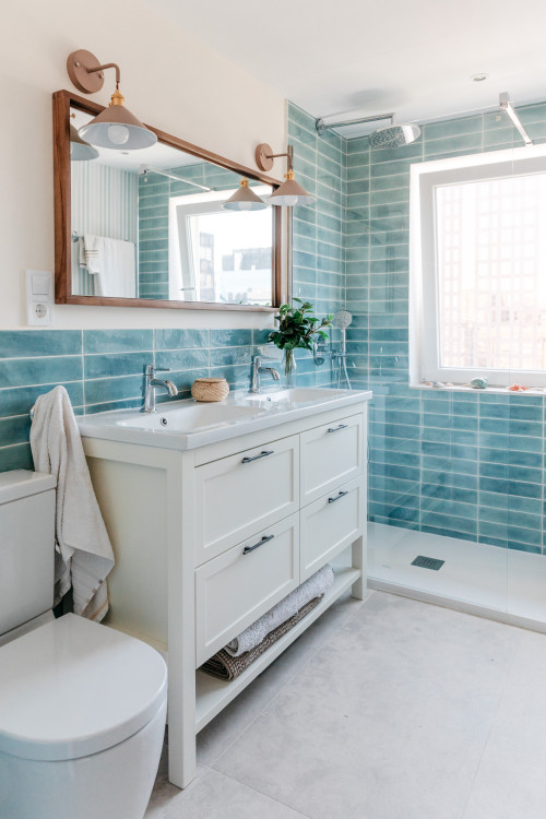 Transitional Bathroom with Blue Backsplash and White Vanity