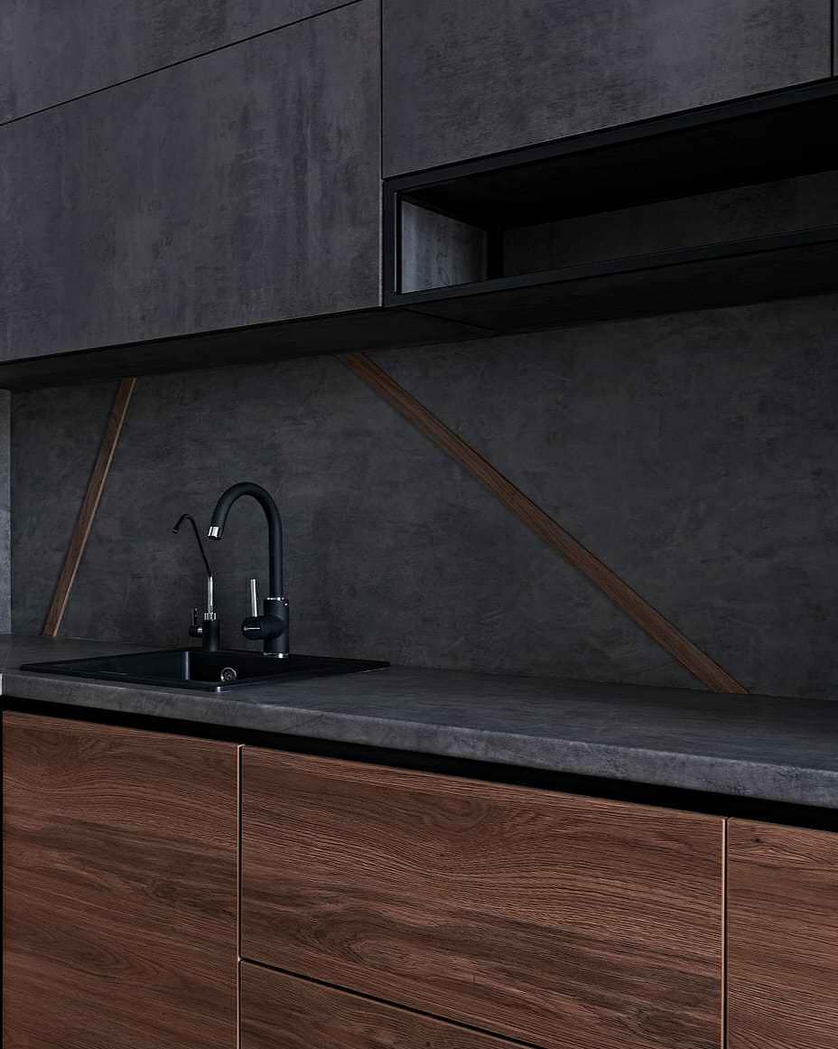 Черная угловая кухня в стиле лофт с фасадами под металл и под дерево