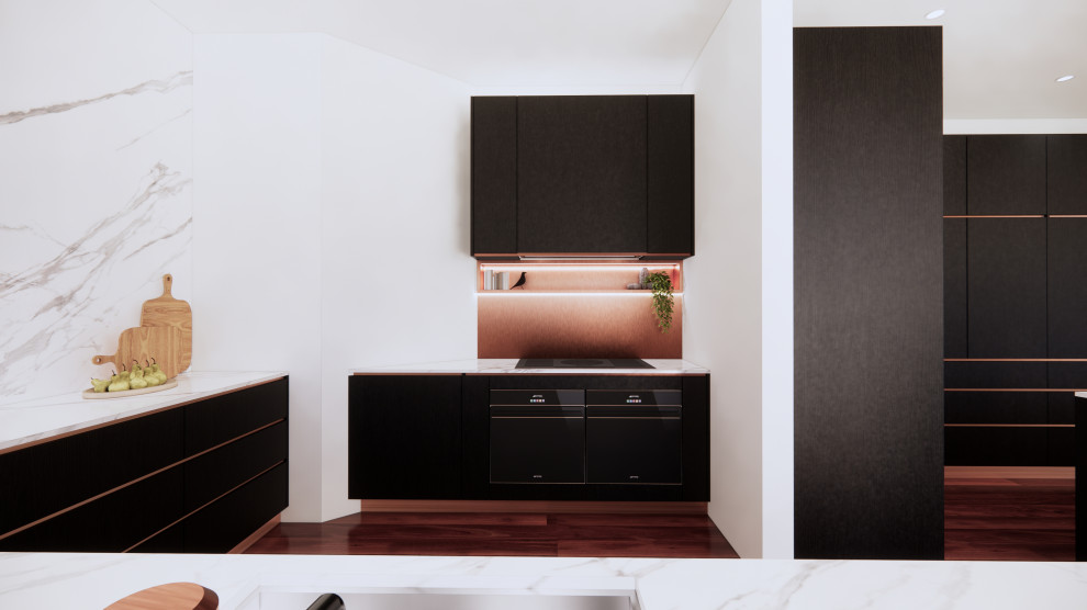 This is an example of a large modern l-shaped open plan kitchen in Adelaide with a double-bowl sink, flat-panel cabinets, black cabinets, quartz benchtops, white splashback, engineered quartz splashback, black appliances, dark hardwood floors, with island, red floor, white benchtop and vaulted.