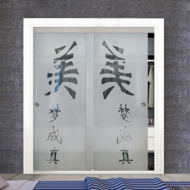 Frameless 2 Leaf Sliding Closet Bypass Glass Door, Chinese Design