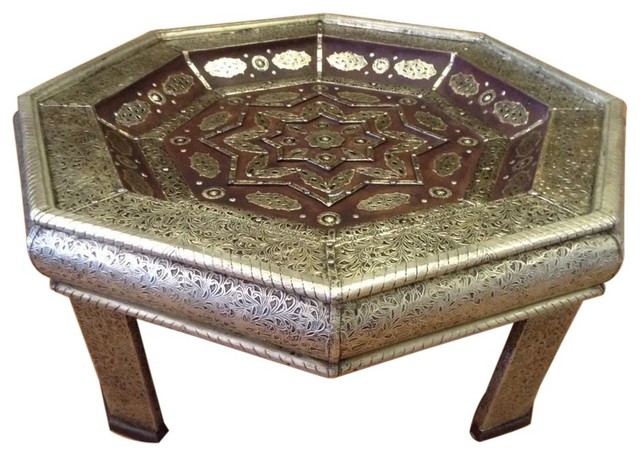 Moroccan Octagonal Center Table Silver Engraved Metal Leather Arabic Moroccan Octagonal Center Table Silver Engraved Metal Leather Arabic Furniture