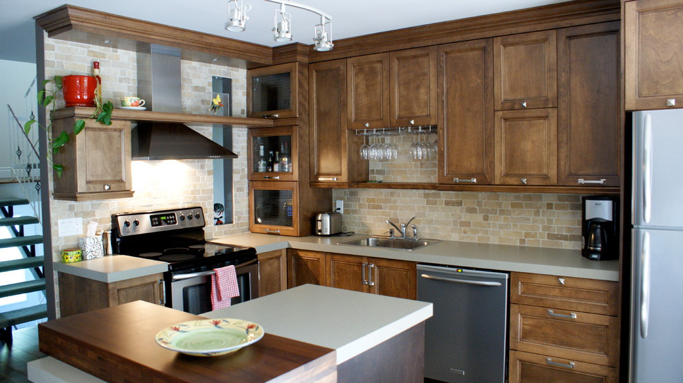 Example of a small transitional eat-in kitchen design with a drop-in sink, shaker cabinets, brown cabinets, laminate countertops, multicolored backsplash, stone slab backsplash, stainless steel appliances and an island