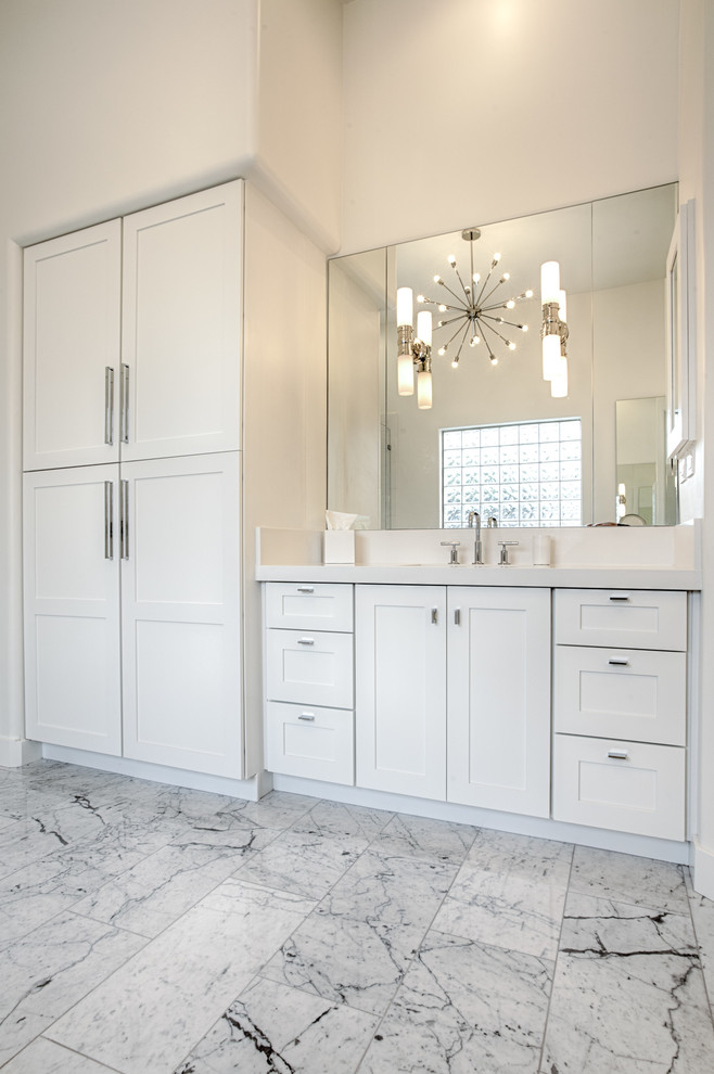 Bathroom - large transitional master black and white tile bathroom idea in Phoenix with shaker cabinets and white cabinets