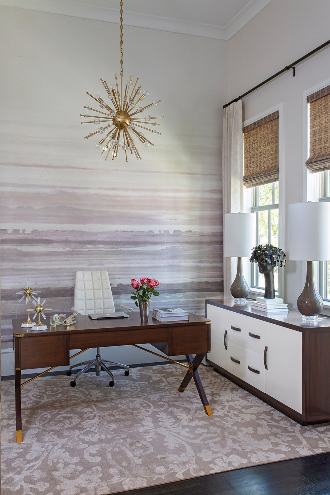 Transitional home office in Charleston with multi-coloured walls, dark hardwood floors, brown floor and wallpaper.