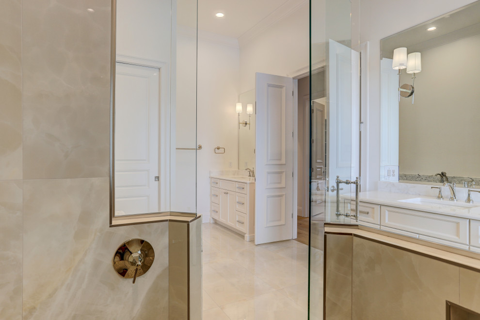 Double-sink bathroom photo in Orlando with shaker cabinets, white cabinets, granite countertops, yellow countertops and a built-in vanity