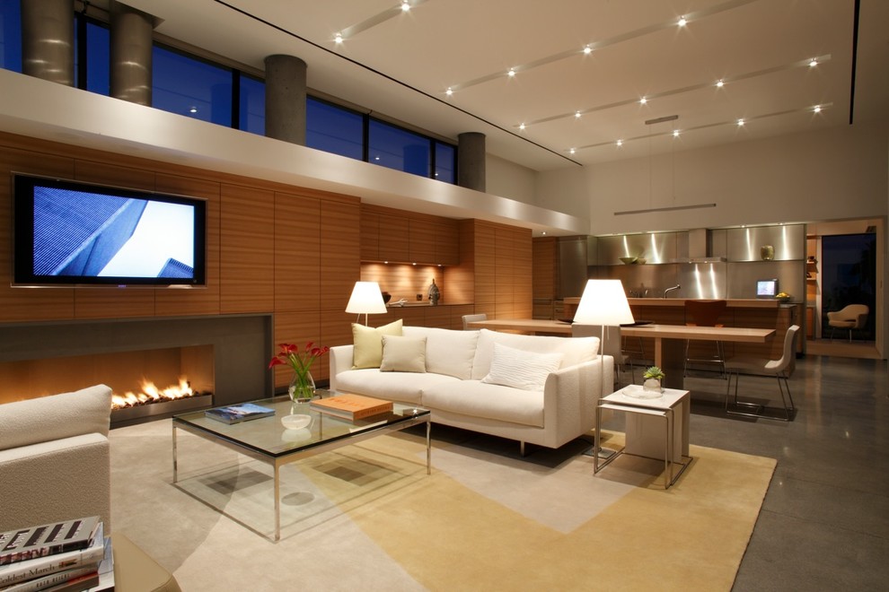 Design ideas for a large contemporary open concept living room in Los Angeles with brown walls, concrete floors, a ribbon fireplace, a tile fireplace surround, a wall-mounted tv and grey floor.