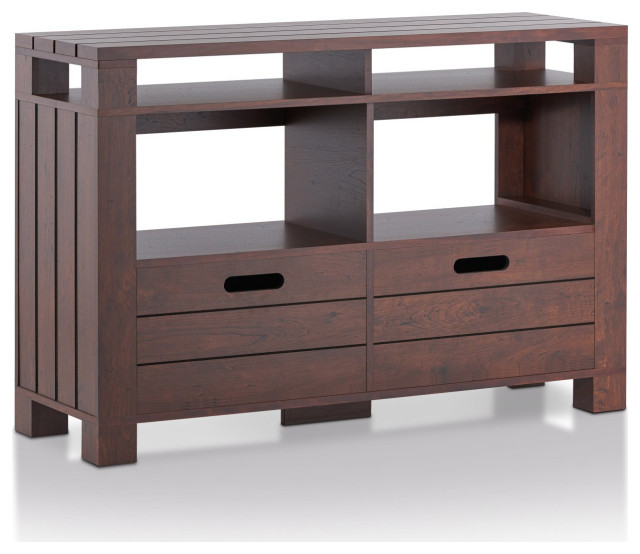 Unique Console Table, Grooved Design With Open Shelves & Drawers