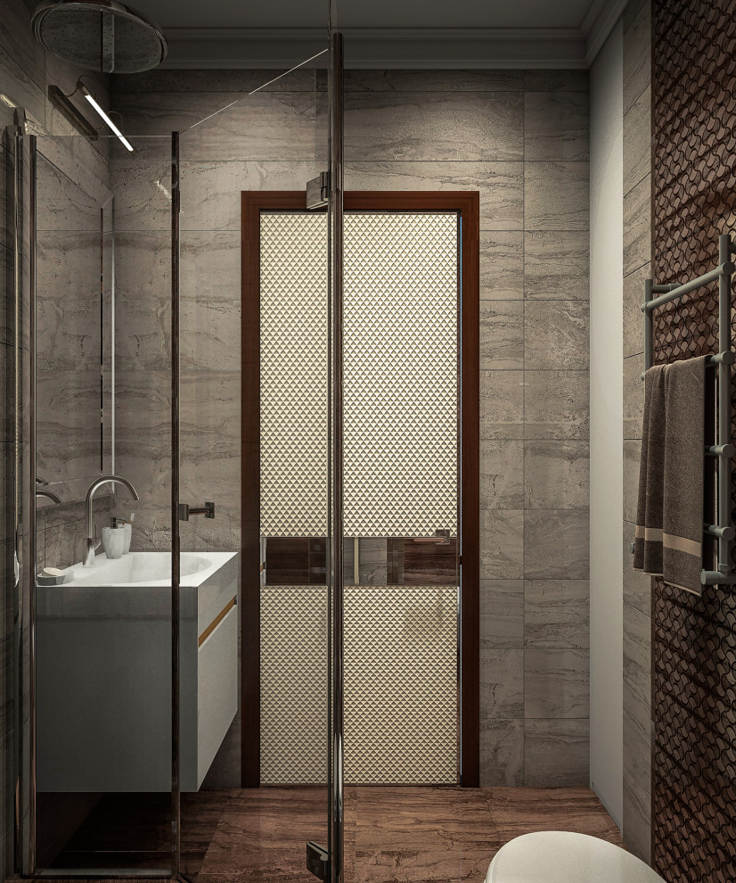 Inspiration for a modern master bathroom in San Francisco with a corner shower, beige tile, ceramic tile, beige walls, painted wood floors, an undermount sink, glass benchtops, brown floor, a hinged shower door, white benchtops, a single vanity, coffered and panelled walls.