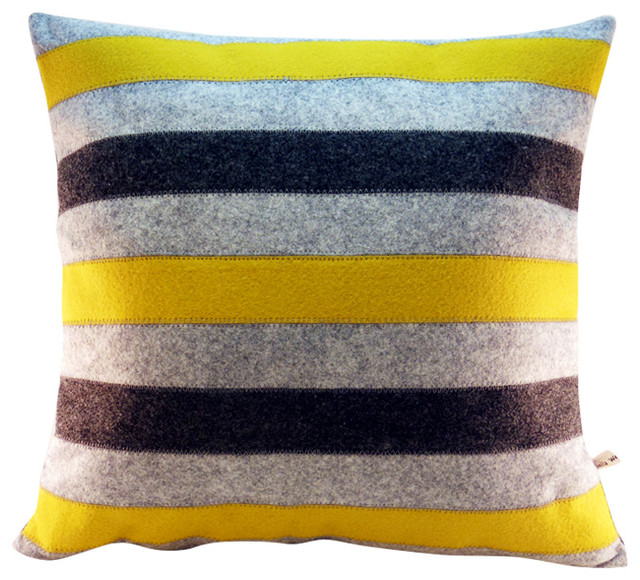 Mustard Yellow and Gray Striped Wool Felt Pillow
