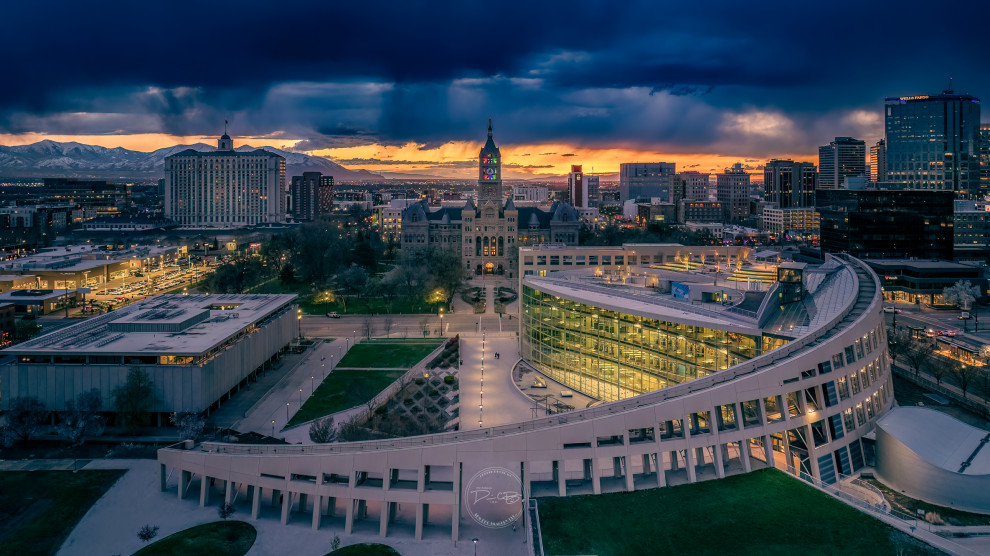 The Salt Lake City Library with the City-County Building behind.