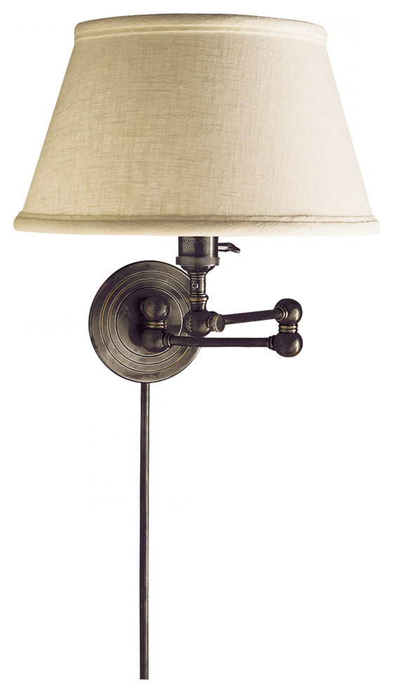 Boston Swing Arm Wall Sconce With Plug, 1Light, Bronze, Linen Shade