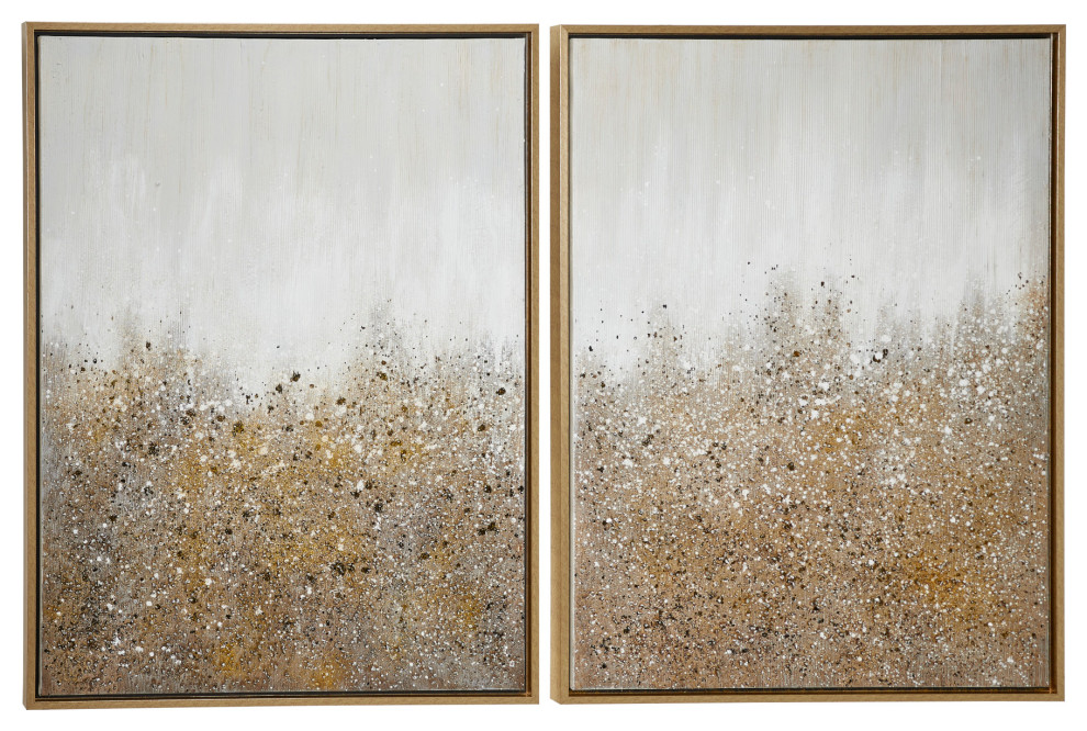 Multimedia White & Gold Abstract Art Paintings with Glitter, Set of 2