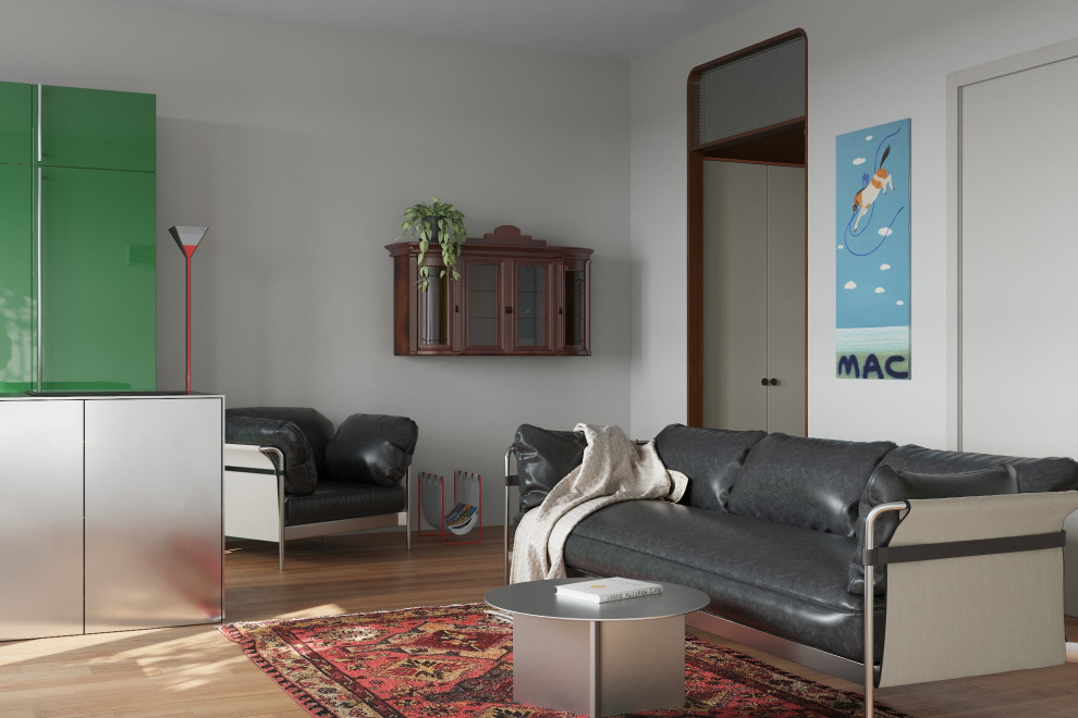 Photo of a large contemporary living room in Moscow with grey walls and light hardwood flooring.