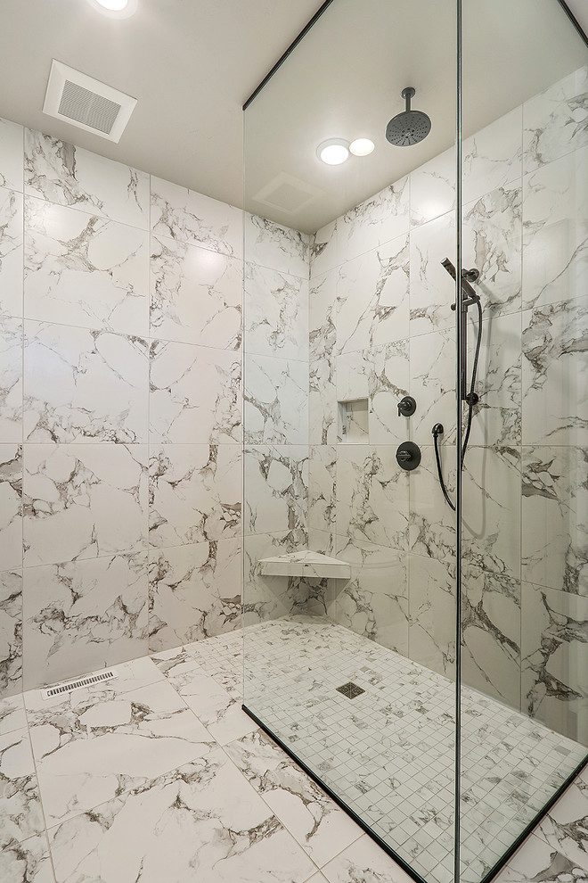Transitional ceramic tile ceramic tile and white floor doorless shower photo with medium tone wood cabinets