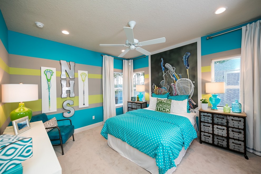 Inspiration for a transitional kids' room for girls in Jacksonville with multi-coloured walls and carpet.