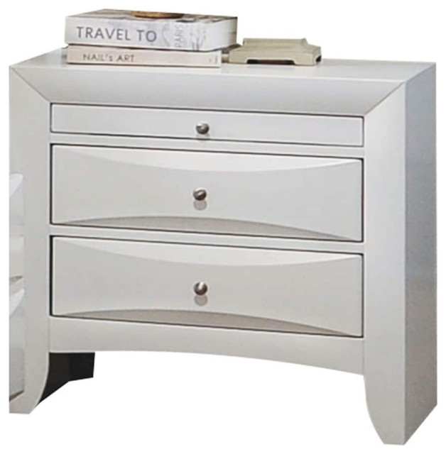 Transitional Nightstand, Pullout Tray & Drawers With Brushed Nickel