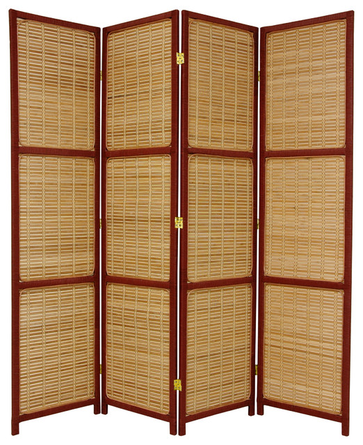 6' Tall Woven Accent Room Divider, 4 Panel, Red Brown