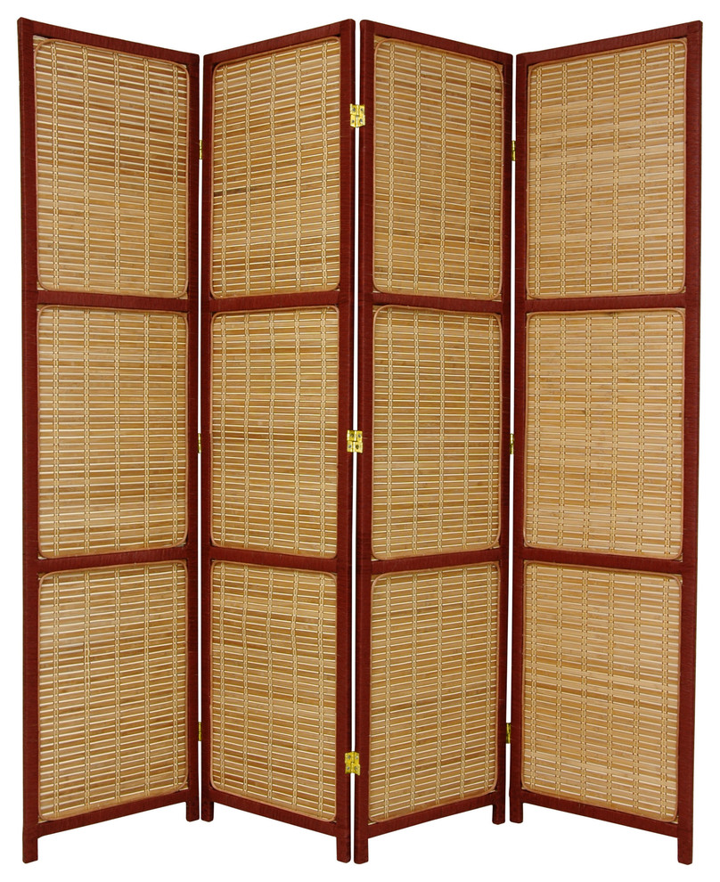 6' Tall Woven Accent Room Divider, 4 Panel, Red Brown