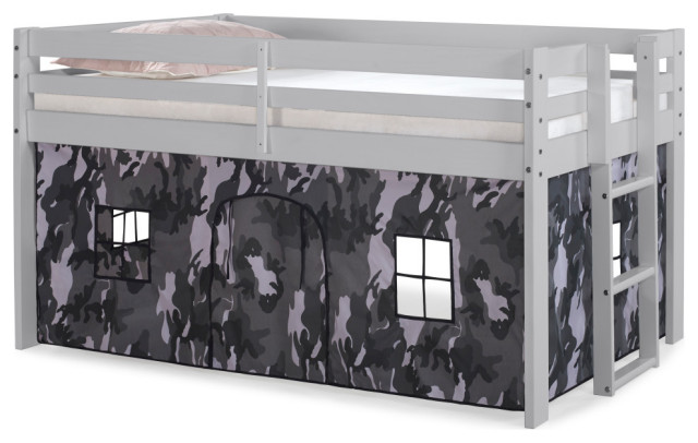 Jasper Twin Junior Loft Bed, Dove Gray Frame and Gray Camouflage Playhouse Tent