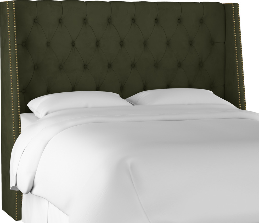 Williams Nail Button Tufted Wingback Headboard, Velvet Loden, King