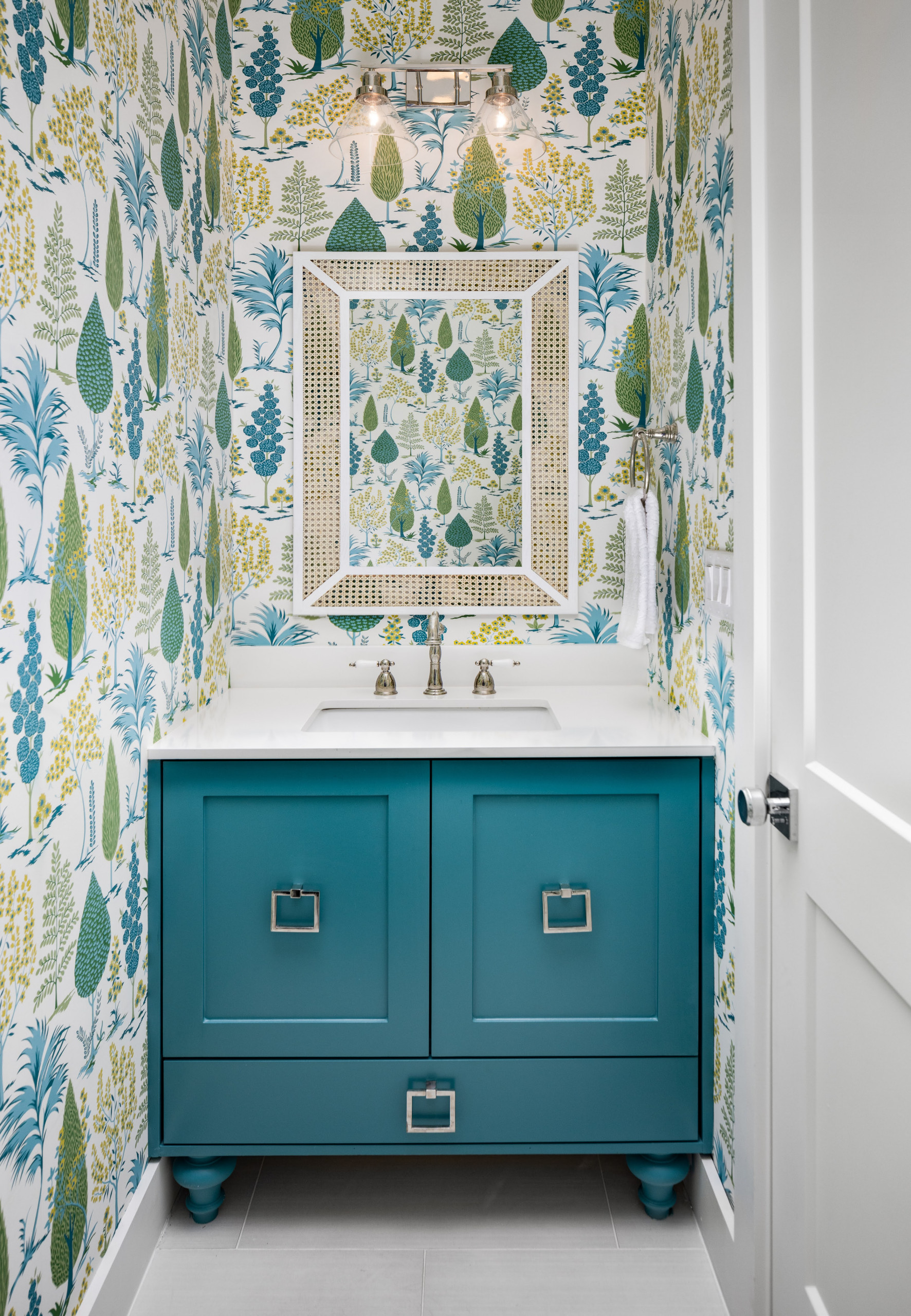 Teal Wallpaper Powder Room