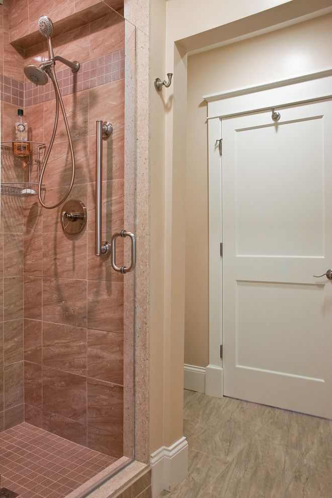 Mid-sized transitional 3/4 beige tile and ceramic tile porcelain tile alcove shower photo with beige walls