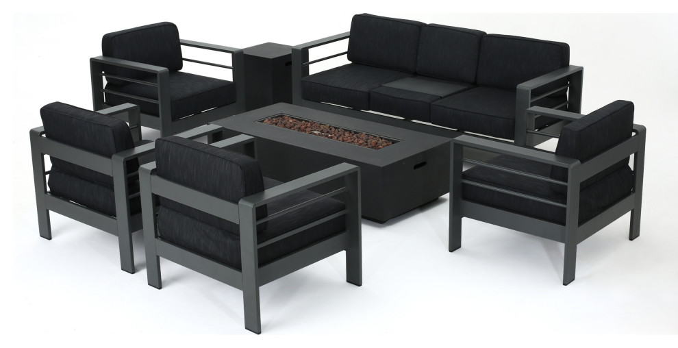 GDF Studio 7-Piece Coral Bay Outdoor Gray Aluminum Sofa Chat Set With Fire Table, Dark Gray