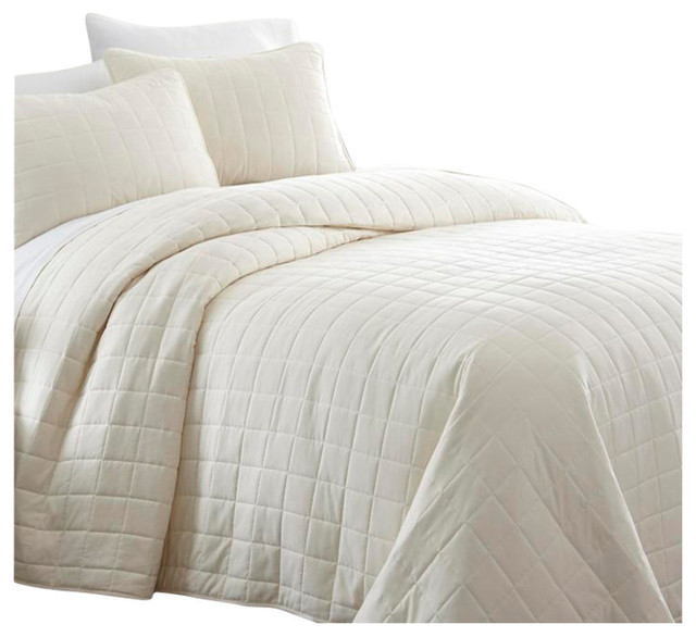 Becky Cameron Premium Ultra Soft Square Pattern Quilted Coverlet Set, Ivory, Twi