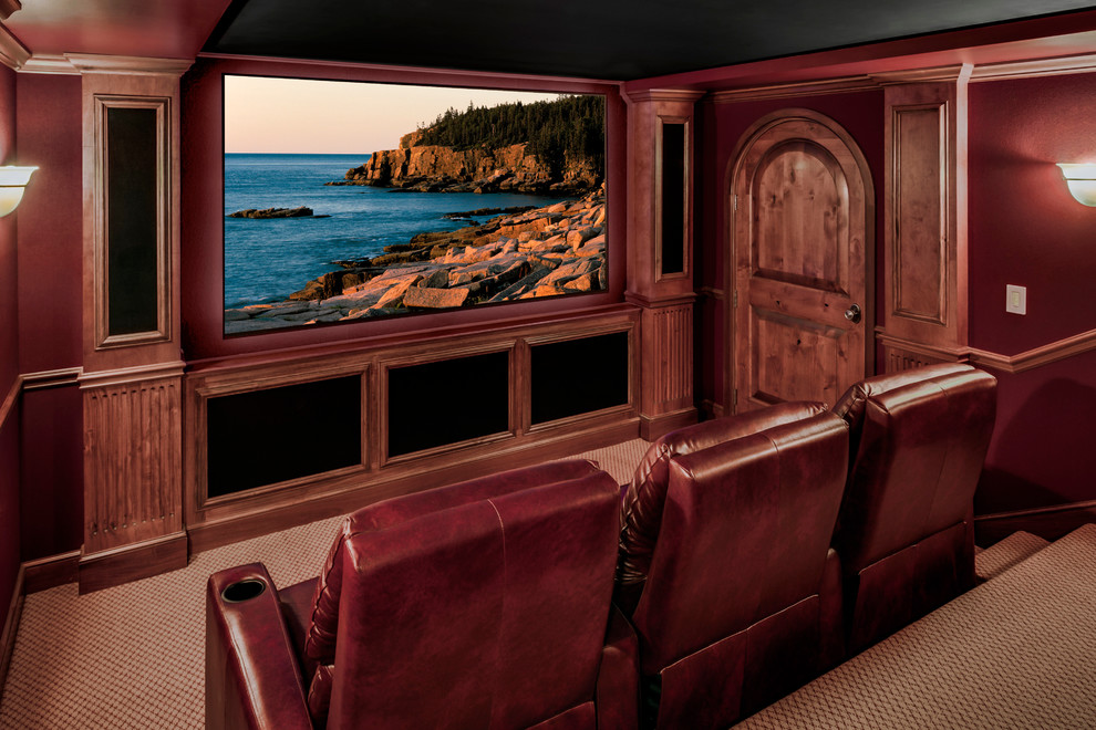 Design ideas for a mid-sized traditional open concept home theatre in Portland Maine with brown walls and a built-in media wall.
