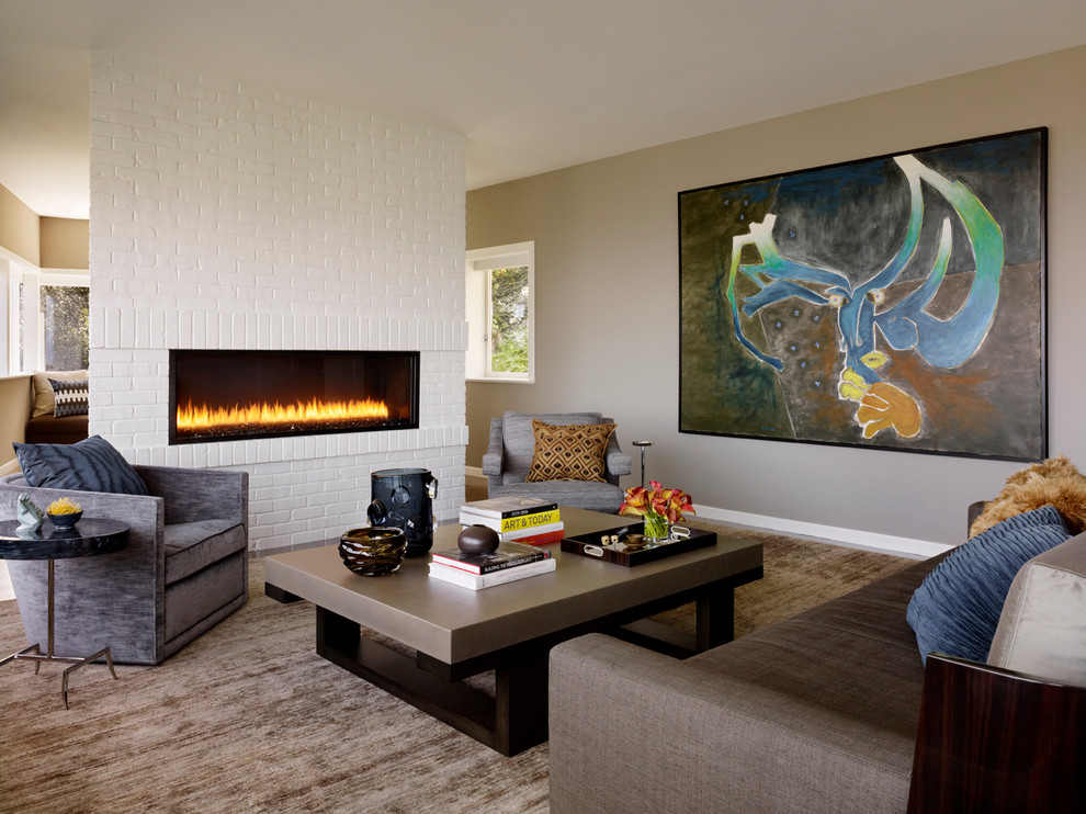Design ideas for a contemporary living room in San Francisco with beige walls and a ribbon fireplace.