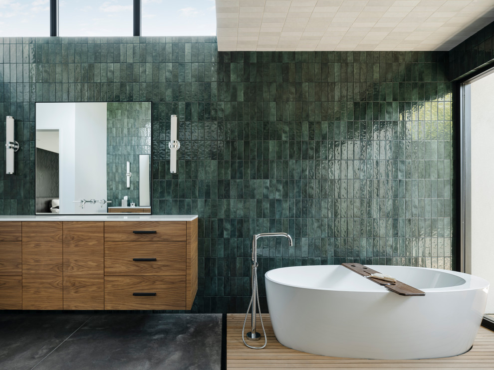 Inspiration for a modern master bathroom in Phoenix with flat-panel cabinets, medium wood cabinets, a freestanding tub, an open shower, green tile, ceramic tile, an undermount sink, engineered quartz benchtops, white benchtops, a shower seat, a double vanity and a floating vanity.