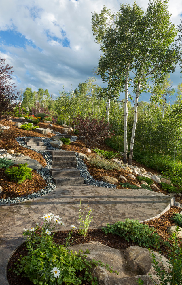Inspiration for a large country backyard full sun xeriscape in Denver with a garden path and concrete pavers.
