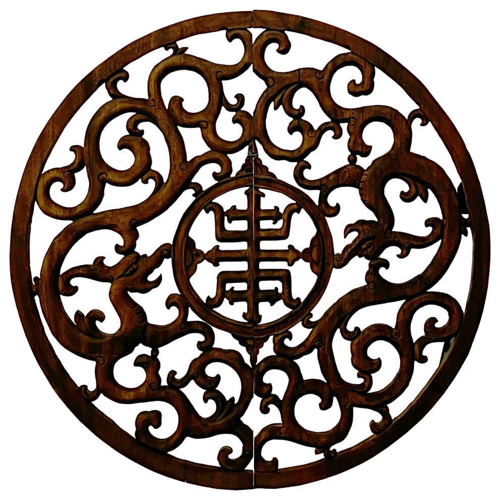 Vintage Chinese Round Ancient Dragon Pattern Wood Wall Plaque Panel