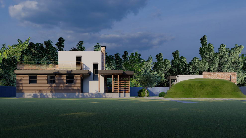 Боковой общий вид на баню и гараж со стороны дома родителей.