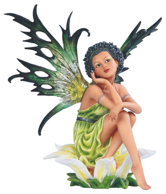 10.5 Inch Green Fairy Sitting on Flower Figurine