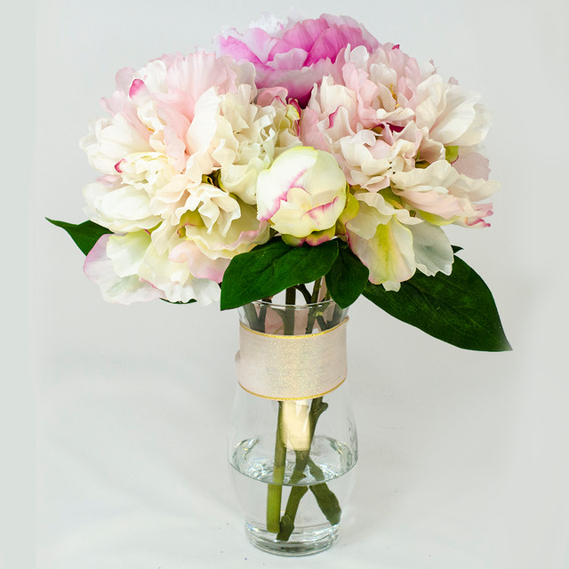 Baby Pink Fuchsia Silk Peony Faux Floral Arrangement for Home Decor